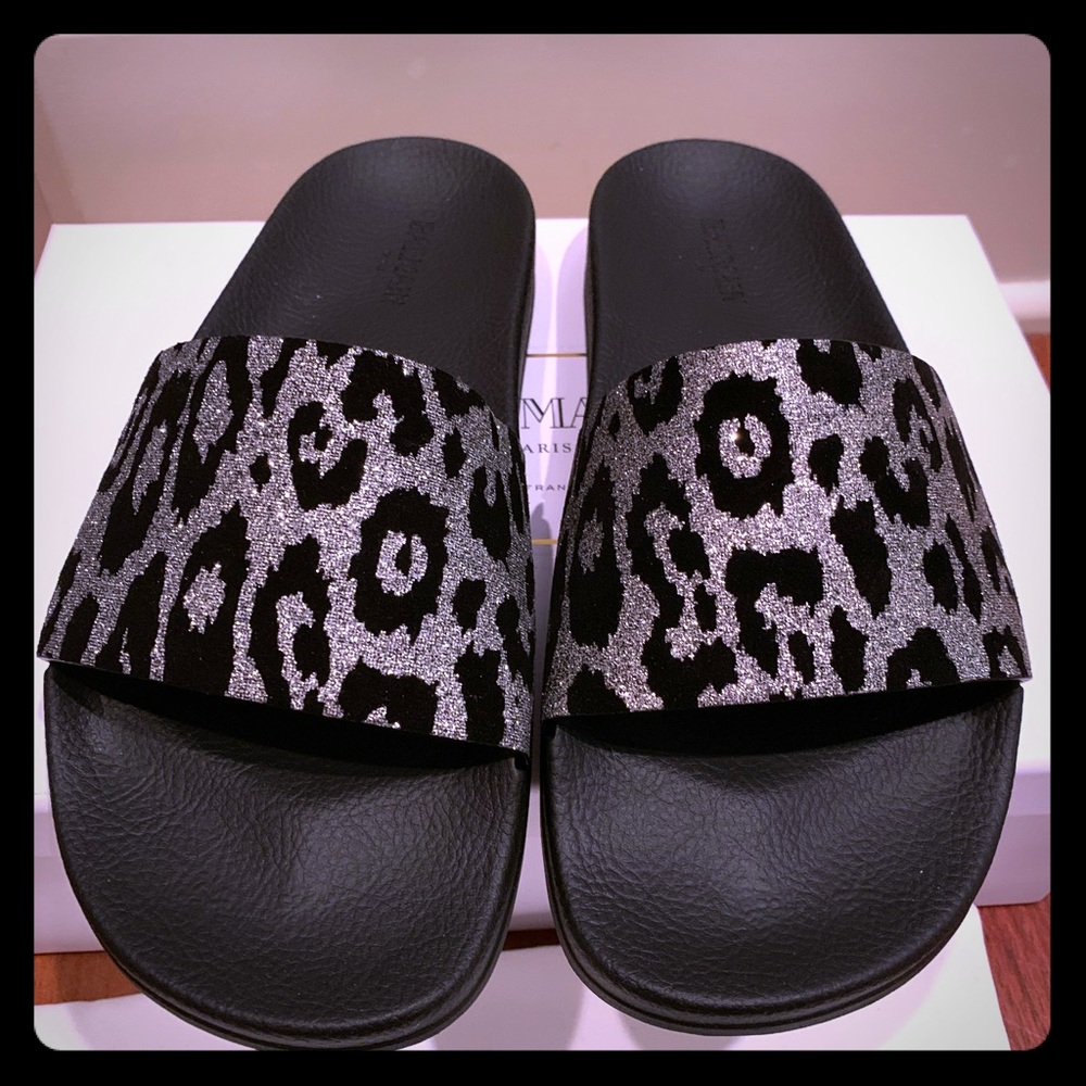 NWT Balmain Leopard Calypso Slide Sandals